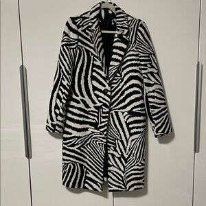 MAISON CINQCENT Zebra Pattern Wool Blend Coat Lapel Pockets Lined, Size M